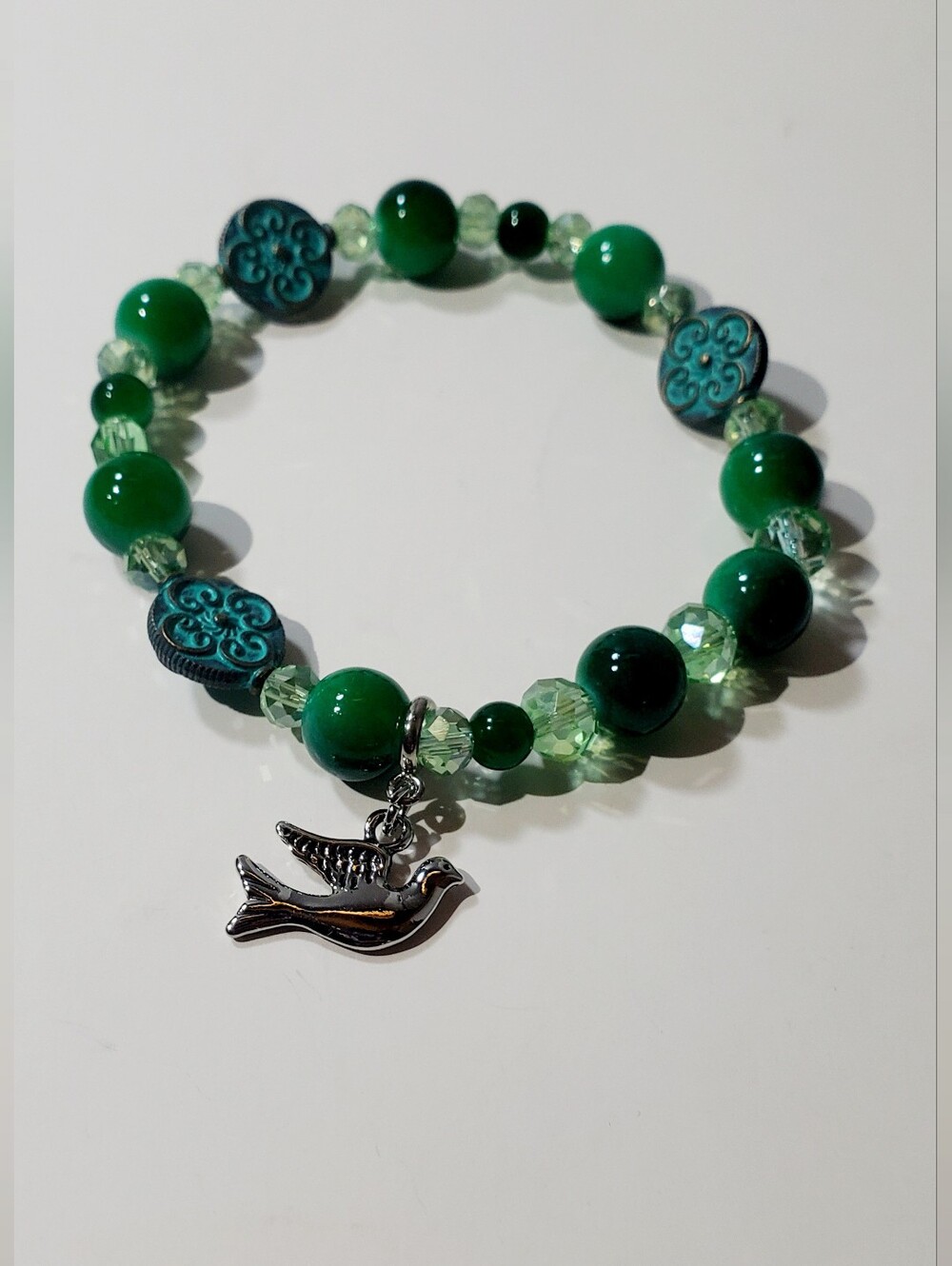 Green Beaded Stretch Bracelet with Dove Charm